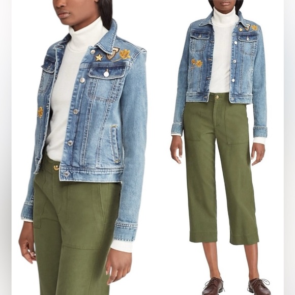 Polo Ralph Lauren Women’s Blue Embroidered Patch Denim Jean Jacket - Picture 2 of 16